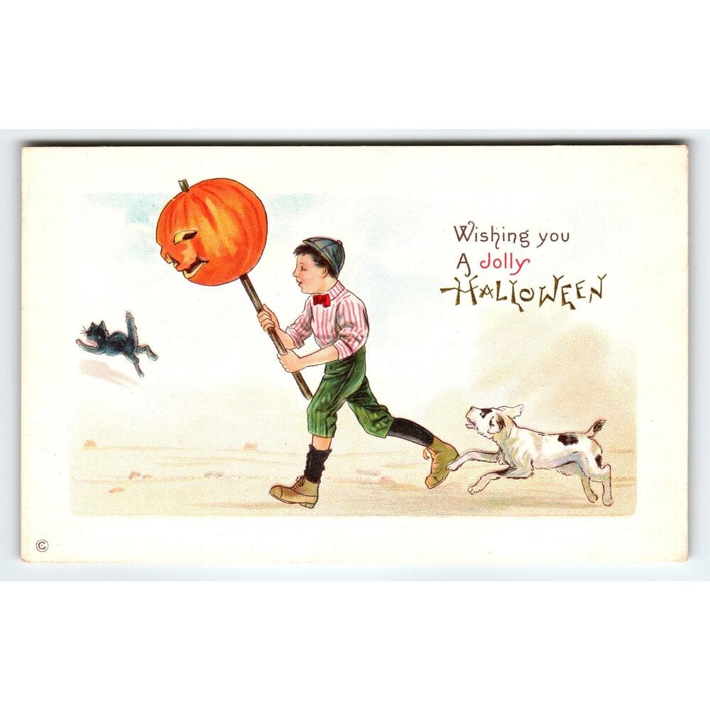 Vintage Halloween Postcard Boy with Pumpkin Mask & Dog Divided Back